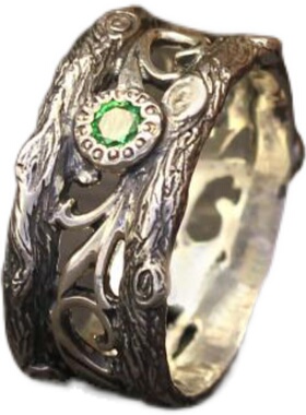 祖母绿宝石镶嵌树枝纯银结婚戒指