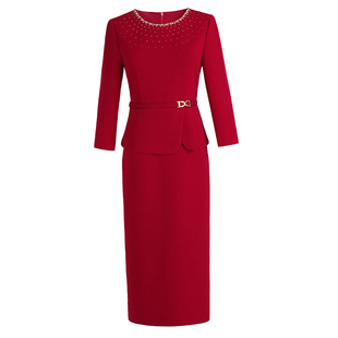 喜婆婆婚宴装高贵气质2026新款红色假二件显瘦妈妈礼服晚装连衣裙