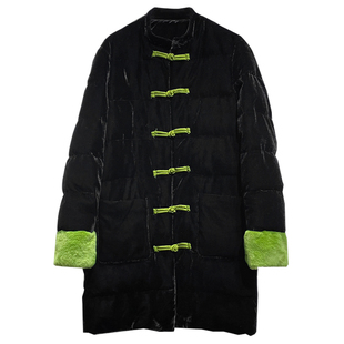 复古中长款立领盘扣国风真丝丝绒棉服女冬季新款撞色高端棉衣