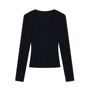 pusumede 5色可选 优雅u领长袖针织衫女修身内搭打底弹力t恤上衣