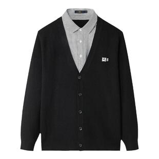 HLA/海澜之家黑色假两件针织衫2025秋冬新款加绒双领修身套头衫男