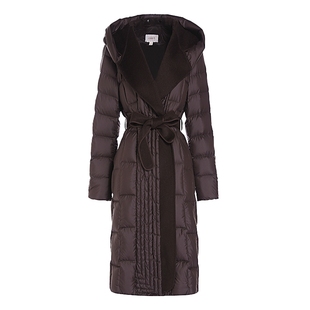 JESSIE琥珀流光毛呢拼接翻领连帽羽绒服女系带收腰中长外套冬新款