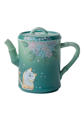 即素手绘猫戏绣球陶瓷茶壶新中式创意竹节壶单壶家用带过滤泡茶器