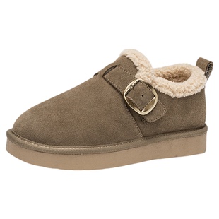 依思q真皮厚底雪地靴女2025新款冬季加绒保暖一脚蹬外穿勃肯棉鞋