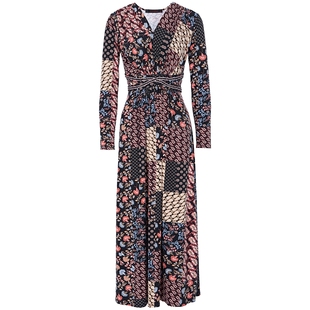 马天奴女装春秋新款咖粉色印花V领连衣裙缝钻长裙收腰气质礼裙