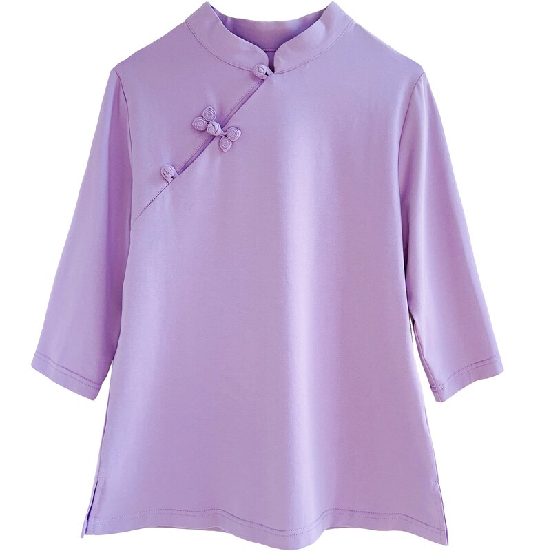 新中式T恤立领盘扣女士春季七分袖打底衫复古茶服女汉服纯棉上衣