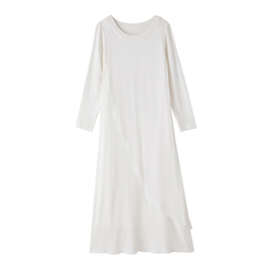 花椿诗意清冷感禅意连衣裙夏白色圆领人丝长袖轻奢设计感森系裙子