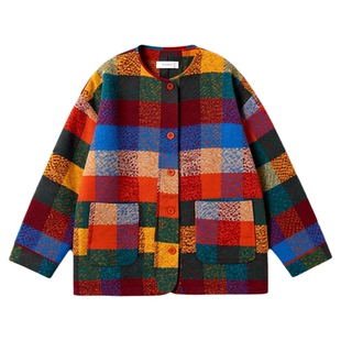 日系复古风彩色格子拼接毛呢外套女春秋新款宽松加厚保暖棉服上衣