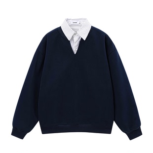 悟空有货复古条纹假两件拼接POLO领卫衣男女春季潮牌情侣宽松上衣