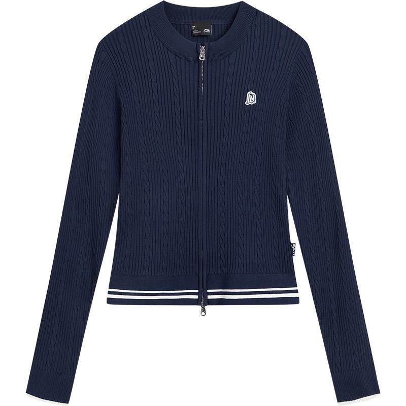 李宁紧身圆领女刺绣开衫编织衫