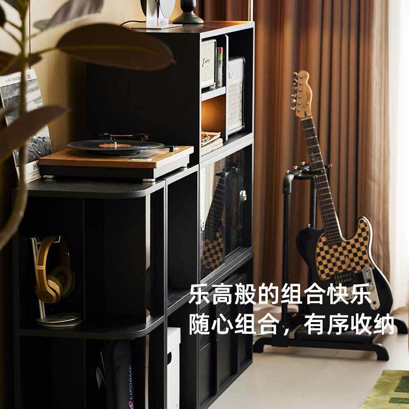 黑色模块化组合柜家用实木落地电视柜餐边柜玻璃储物柜客厅展示柜