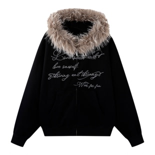 BJHG不计后果复古毛领加绒卫衣女款秋冬新款美式冬装连帽卫衣外套