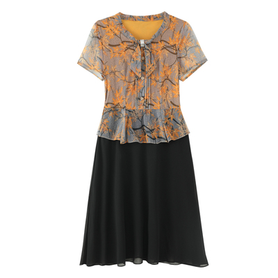 妈妈装夏装短袖假两件连衣裙雪纺