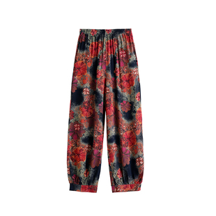 中老年夏天大码女裤休闲裤阔腿女士妈妈夏装薄款花裤子棉绸小脚裤