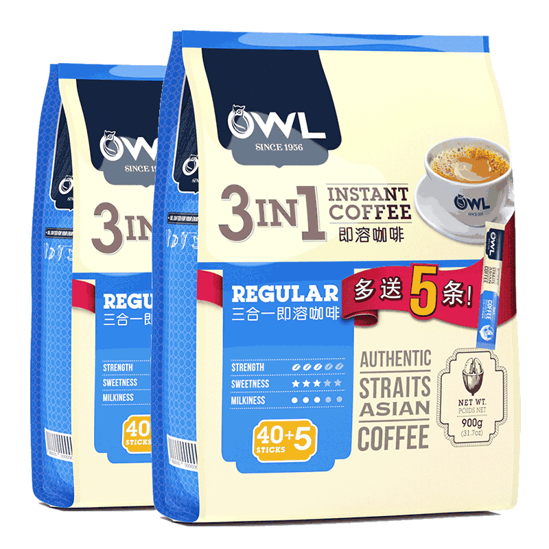 【进口】马来西亚OWL猫头鹰三合一原味速溶咖啡粉90杯1800g
