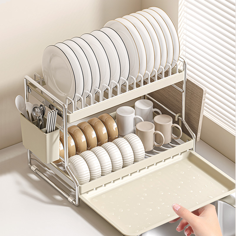 奶油风碗碟收纳架台面碗盘沥水架多功能厨房置物架放碗放盘晾碗架
