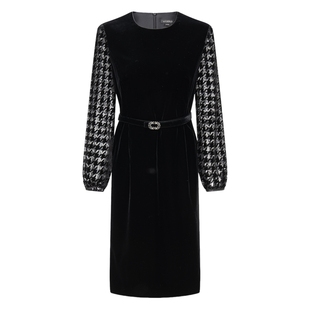 Scofield女装典雅气质丝绒直筒连衣裙千鸟格拼接袖2025秋冬新品