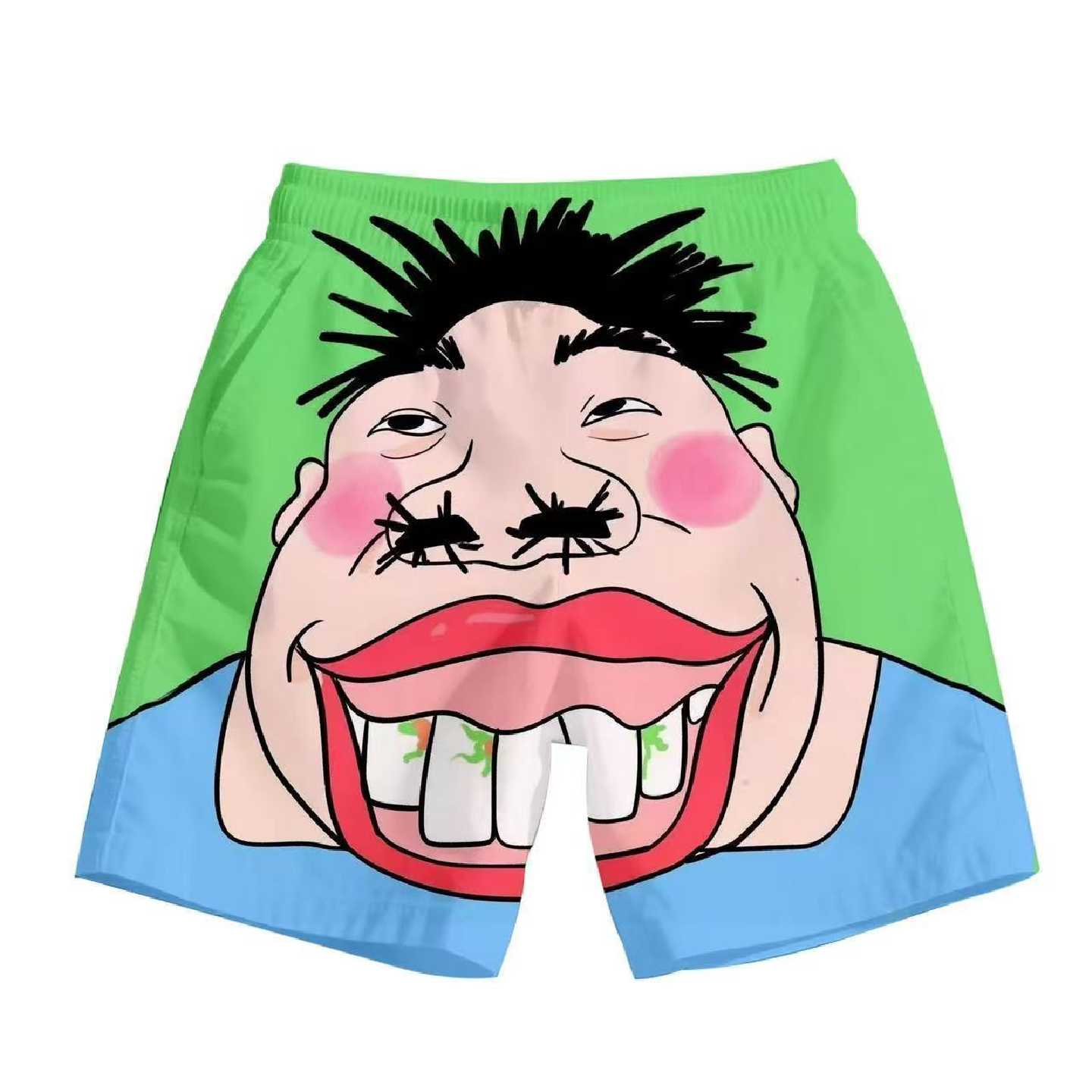 搞笑丑萌卡通人脸3D印花短裤男夏季搞怪大牙绿裤衩宽松休闲沙滩裤