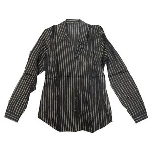 竖条纹翻领衬衫女单排扣直筒宽松版衬衣薄款透视金线上衣黑色通勤