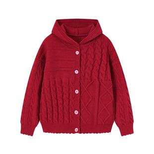 Little Naive儿童连帽开衫冬季新款红色新年针织衫女童保暖外套