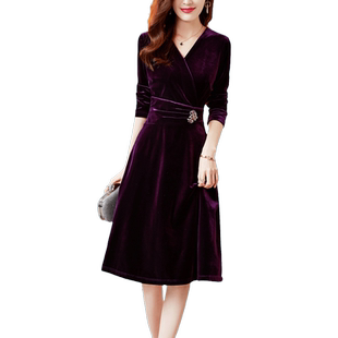 紫色金丝绒连衣裙女2025春秋新款高端轻奢V领收腰显瘦长袖礼服裙