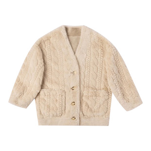 萌校长女童皮草外套儿童秋冬新款麻花纹仿水貂小女孩毛毛短款开衫