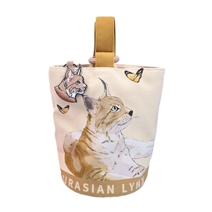 猞猁雪豹手绘可爱动物手提袋休闲帆布包印花手提包水桶包