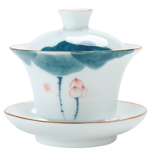 手绘白瓷盖碗三才泡茶碗家用中号功夫茶具敬茶杯景德镇陶瓷茶备