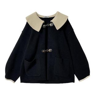 dfvc黑色娃娃领毛呢外套女2025新款冬季撞色牛角扣宽松短款大衣厚