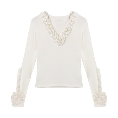 西町村屋气质小衫女2026春新款细腻爽滑荷叶堆褶V领上衣XXBA10283