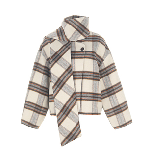 wana try羊毛格纹外套可拆卸围巾上衣冬季新款女米咖俏皮减龄外搭