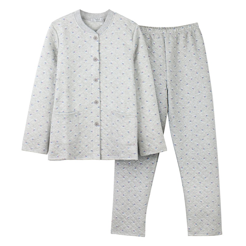 彩思捷秋冬女士保暖睡衣夹棉中老年人内衣家居服套装妈妈秋衣开衫