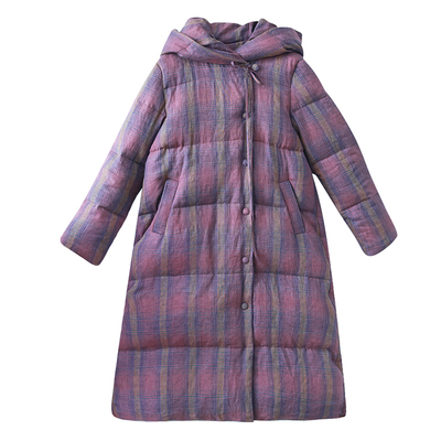 色织亚麻格长款羽绒服忆旧连帽