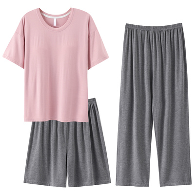 猫人棉绸胸垫一体睡衣三件套