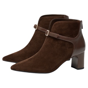 大小姐蹀愫25秋冬新款加绒羊皮短靴经典尖头复古时装靴TA65705-10