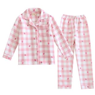 日系儿童甜美草莓秋冬纯棉加厚空气层睡衣女童公主三层夹棉家居服