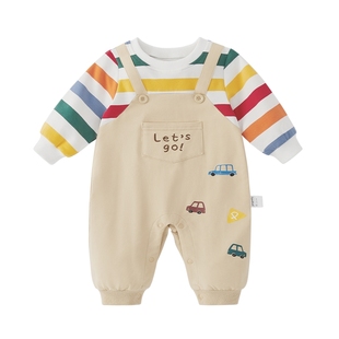 [7A抗菌]宝宝连体衣秋装男童假两件条纹秋天婴童外出婴儿衣服男宝