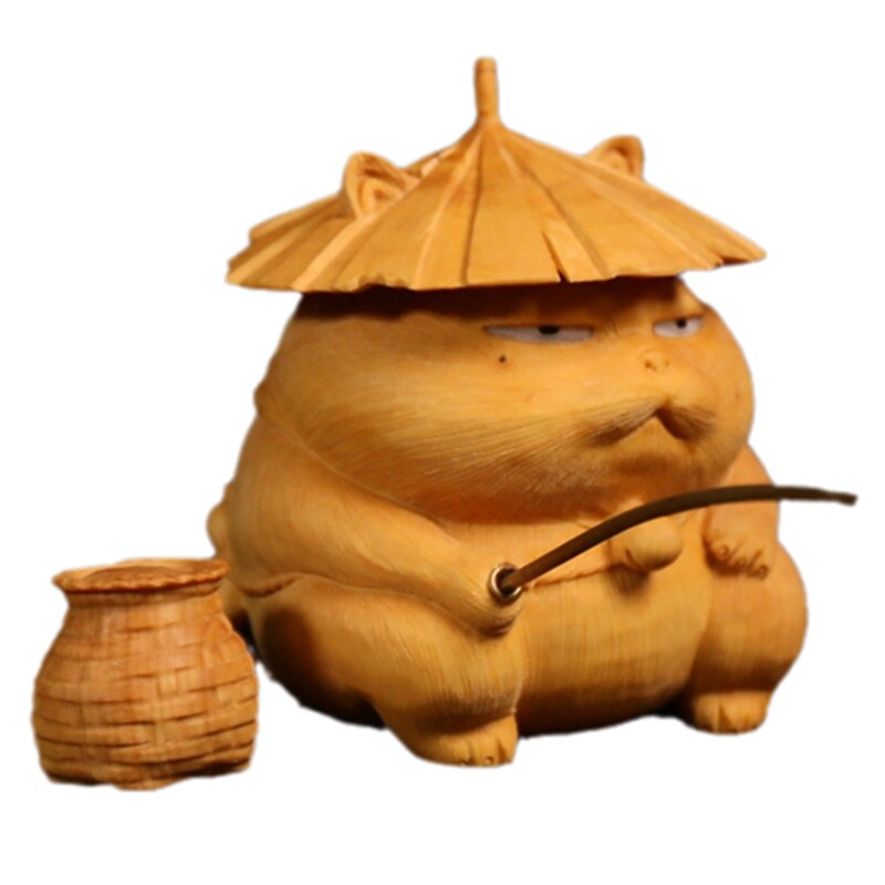 居舍黄杨木雕纯手工懒猫钓鱼摆件