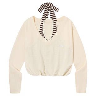 PSO Brand女装假两件条纹V领休闲卫衣女款挂脖上衣短款外套潮牌