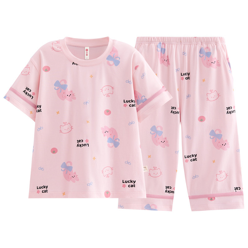 芬腾服饰女童睡衣夏季薄款纯棉短袖七分裤套装可爱中大女孩家居服