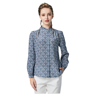 重磅真丝衬衫女长袖2025秋设计感立领荷叶边印花妈妈装桑蚕丝上衣