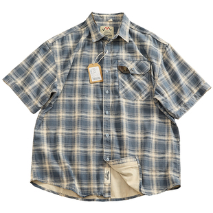 夏季新品日系复古文艺纯棉水洗男士宽松休闲格子翻领短袖工装衬衣