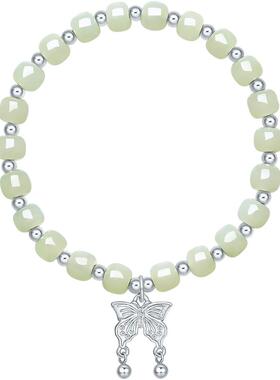 周六福和田青玉手链女蝴蝶结手串手饰S925银百搭节日礼物送女友