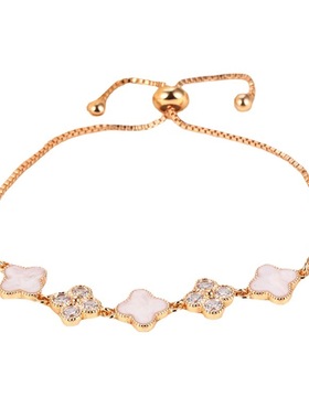 香槟金幸运四叶草抽拉手链镶钻白贝母轻奢时尚百搭气质送女友礼物