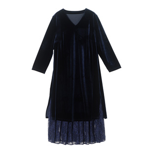 【韩国绒】美丽客栈大码女装蕾丝连衣裙2025冬新款胖mm显瘦长裙女