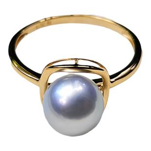 极光真多麻日本akoya海水珍珠戒指18k金厚版正圆镜面光银灰蓝简约