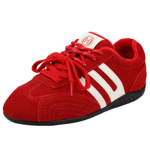 红粉知己【马年系列】2026春复古加绒真皮内增高德训鞋红色新年鞋