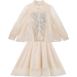 女童汉服公主裙春装2026新款儿童新中式超仙套裙小女孩亮片连衣裙