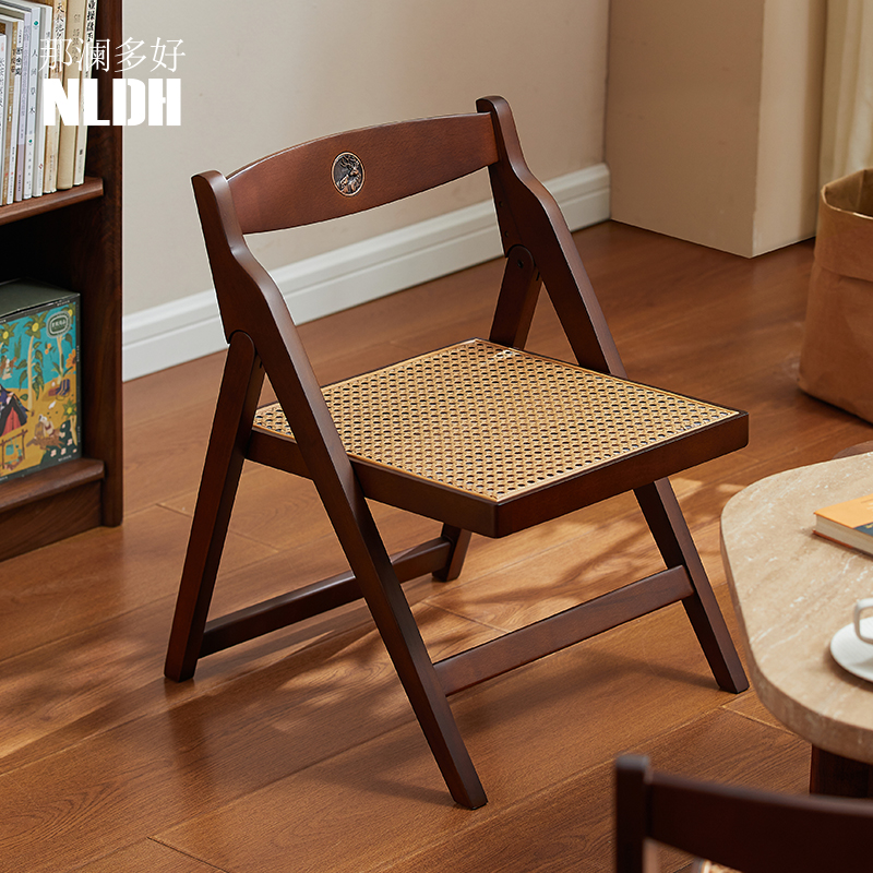 实木椅子家用餐椅户外便携式可折叠藤编靠背椅阳台中古风休闲椅