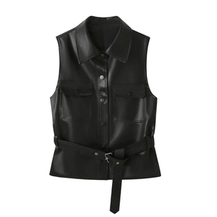 酷飒风黑色PU皮衣马甲女秋装时尚收腰显瘦叠穿无袖坎肩马夹短外套